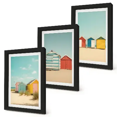 Ensemble de 3 tableaux représentant des maisons de plage colorées par une journée ensoleillée