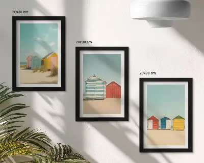 Ensemble de 3 tableaux représentant des maisons de plage colorées par une journée ensoleillée