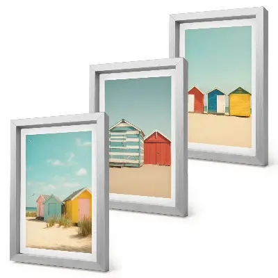 Ensemble de 3 tableaux représentant des maisons de plage colorées par une journée ensoleillée