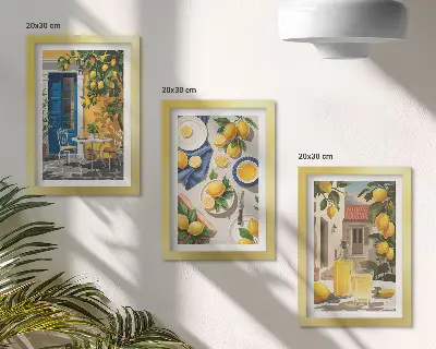 Lot de 3 tableaux représentant un citronnier avec des citrons et des boissons sur une table