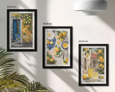 Lot de 3 tableaux représentant un citronnier avec des citrons et des boissons sur une table