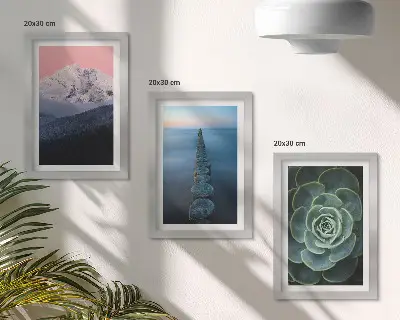 Mur de cadres montagnes au ciel rose avec eau et plantes succulentes vertes