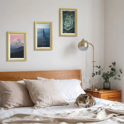 Mur de cadres montagnes au ciel rose avec eau et plantes succulentes vertes
