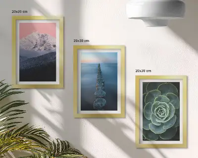 Mur de cadres montagnes au ciel rose avec eau et plantes succulentes vertes