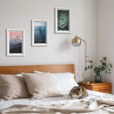 Mur de cadres montagnes au ciel rose avec eau et plantes succulentes vertes