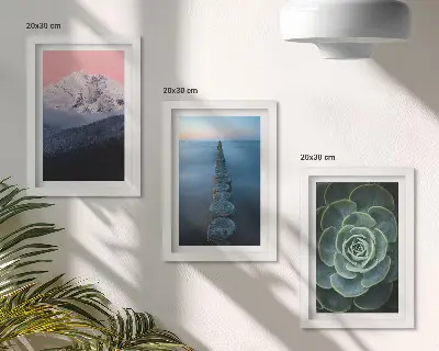 Mur de cadres montagnes au ciel rose avec eau et plantes succulentes vertes