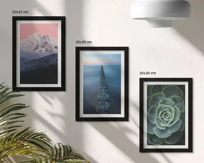Mur de cadres montagnes au ciel rose avec eau et plantes succulentes vertes
