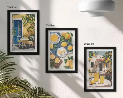 Lot de 3 tableaux représentant une limonade avec vue sur l'Italie et une terrasse ensoleillée