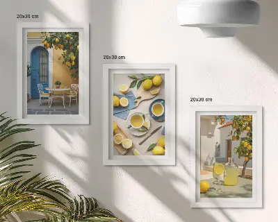 Ensemble de 3 tableaux citrons et limonade devant des portes bleues estivales
