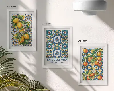 Mur de cadres affiches aux motifs d'agrumes et abstraits colorés