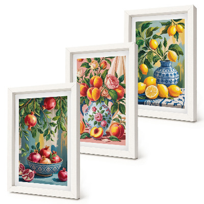 Lot de 3 tableaux Compositions de fruits à base de grenades, de citrons et de pêches