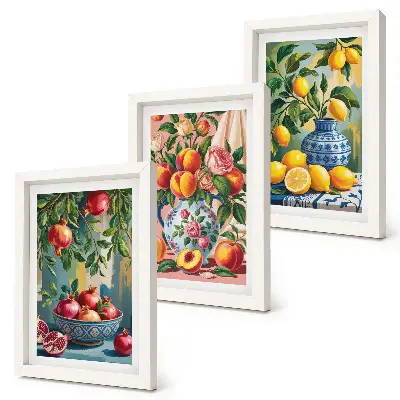 Lot de 3 tableaux compositions de fruits avec grenades citrons et pêches