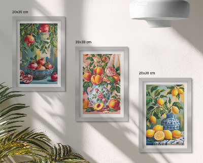 Lot de 3 tableaux Compositions de fruits à base de grenades, de citrons et de pêches