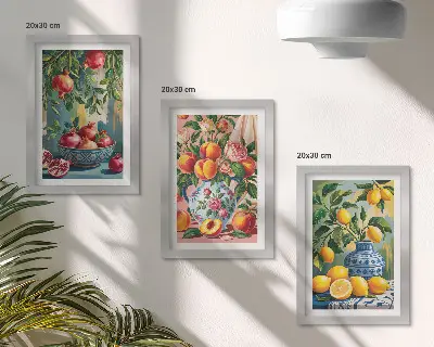 Lot de 3 tableaux compositions de fruits avec grenades citrons et pêches