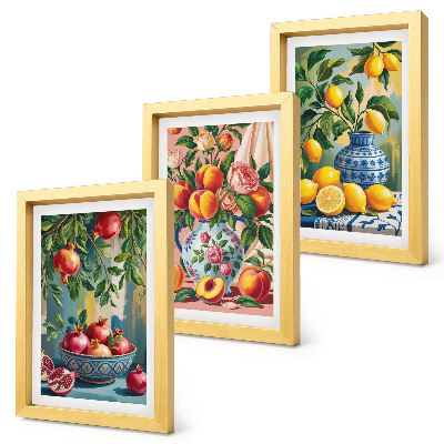 Lot de 3 tableaux Compositions de fruits à base de grenades, de citrons et de pêches