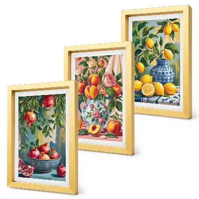 Lot de 3 tableaux compositions de fruits avec grenades citrons et pêches