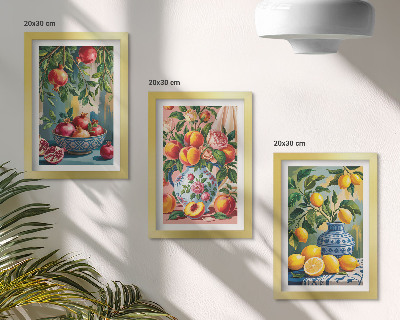 Lot de 3 tableaux Compositions de fruits à base de grenades, de citrons et de pêches