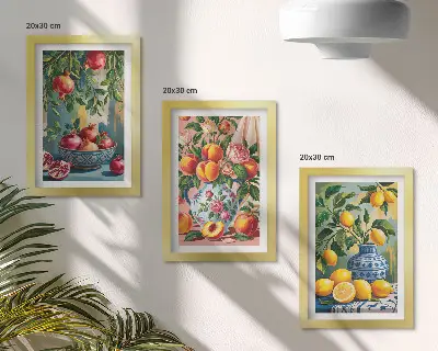 Lot de 3 tableaux compositions de fruits avec grenades citrons et pêches