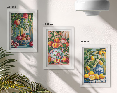 Lot de 3 tableaux Compositions de fruits à base de grenades, de citrons et de pêches