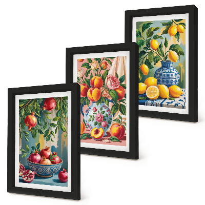 Lot de 3 tableaux Compositions de fruits à base de grenades, de citrons et de pêches