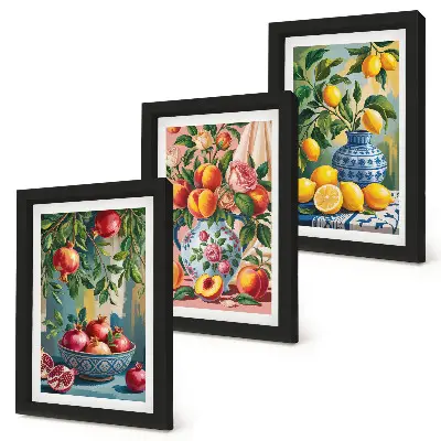 Lot de 3 tableaux compositions de fruits avec grenades citrons et pêches