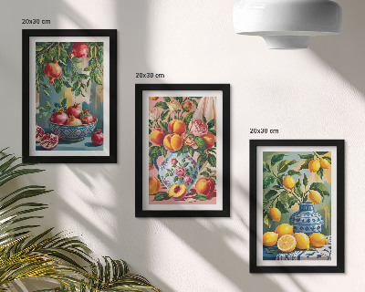 Lot de 3 tableaux Compositions de fruits à base de grenades, de citrons et de pêches