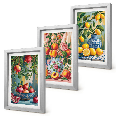 Lot de 3 tableaux Compositions de fruits à base de grenades, de citrons et de pêches