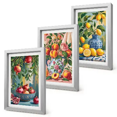 Lot de 3 tableaux compositions de fruits avec grenades citrons et pêches