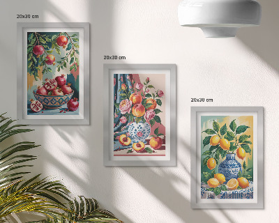Mur de cadres Fleurs et fruits peints dans des vases