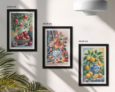 Mur de cadres Fleurs et fruits peints dans des vases