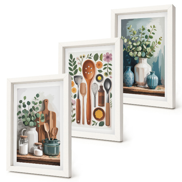 Lot de 3 tableaux Accessoires de cuisine avec des plantes dans un style moderne