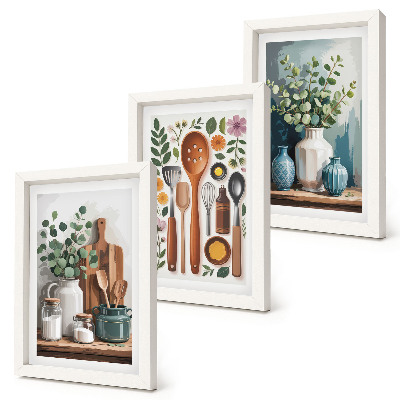 Lot de 3 tableaux Accessoires de cuisine avec des plantes dans un style moderne