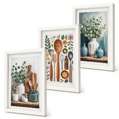 Lot de 3 tableaux accessoires de cuisine avec plantes style moderne