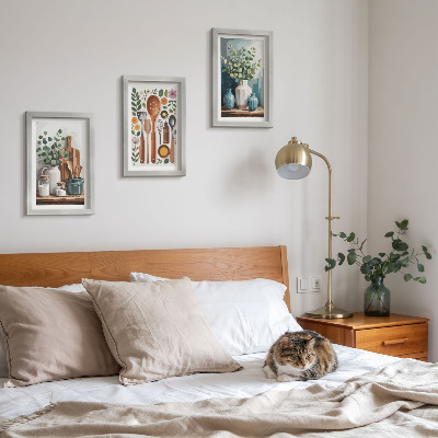 Lot de 3 tableaux Accessoires de cuisine avec des plantes dans un style moderne