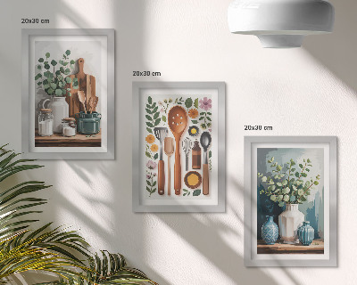 Lot de 3 tableaux Accessoires de cuisine avec des plantes dans un style moderne