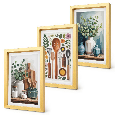 Lot de 3 tableaux Accessoires de cuisine avec des plantes dans un style moderne