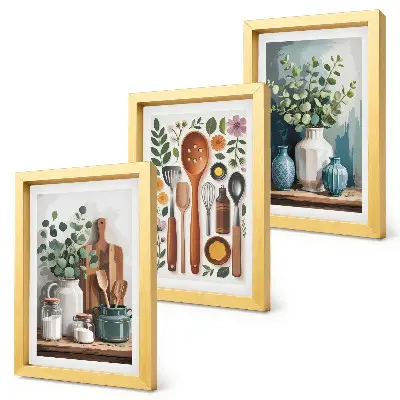 Lot de 3 tableaux accessoires de cuisine avec plantes style moderne