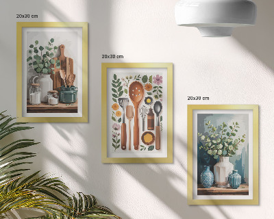 Lot de 3 tableaux Accessoires de cuisine avec des plantes dans un style moderne