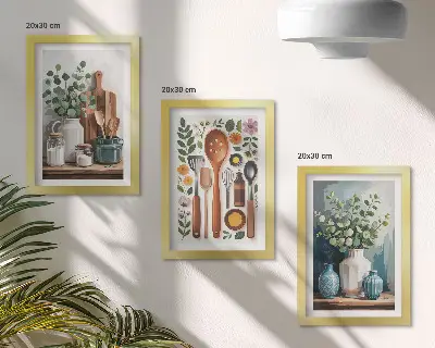 Lot de 3 tableaux accessoires de cuisine avec plantes style moderne