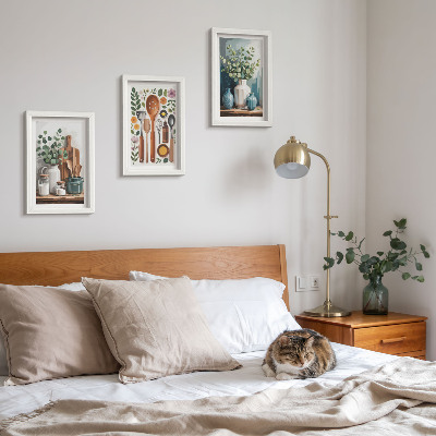 Lot de 3 tableaux Accessoires de cuisine avec des plantes dans un style moderne