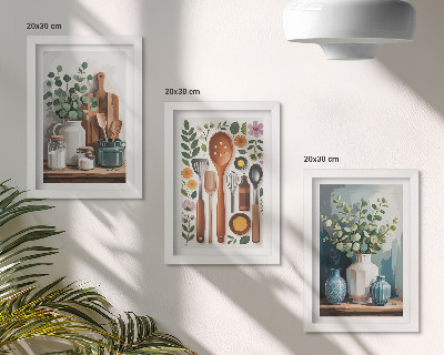 Lot de 3 tableaux Accessoires de cuisine avec des plantes dans un style moderne