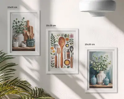 Lot de 3 tableaux accessoires de cuisine avec plantes style moderne