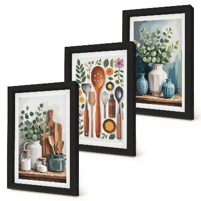 Lot de 3 tableaux Accessoires de cuisine avec des plantes dans un style moderne