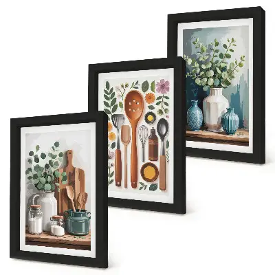 Lot de 3 tableaux accessoires de cuisine avec plantes style moderne