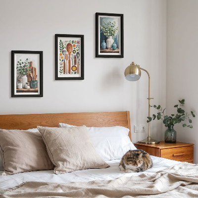 Lot de 3 tableaux Accessoires de cuisine avec des plantes dans un style moderne