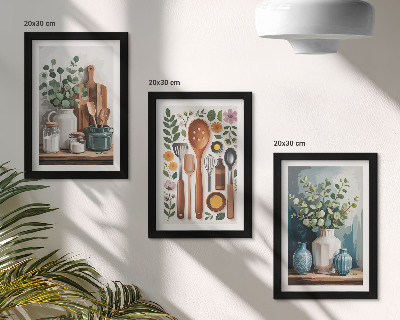 Lot de 3 tableaux Accessoires de cuisine avec des plantes dans un style moderne