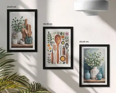 Lot de 3 tableaux accessoires de cuisine avec plantes style moderne