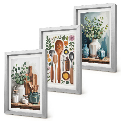 Lot de 3 tableaux Accessoires de cuisine avec des plantes dans un style moderne