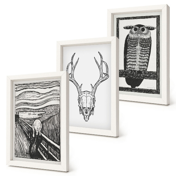 Ensemble de 3 tableaux Inspiré par l'image du Cri avec un crâne et un hibou dans un style graphique