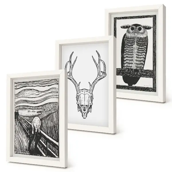 Ensemble de 3 tableaux inspirés par l'œuvre Le Cri avec un crâne et un hibou dans un style graphique